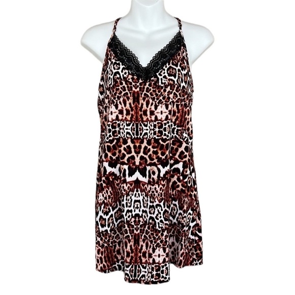 Eva Castillo Animal Leopard Print Racerback Lace Detail Pajama Night Gown Slip - Picture 2 of 11